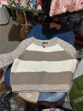 Striped Knit Crewneck, Cropped Sweater - Beige & Cream - Express